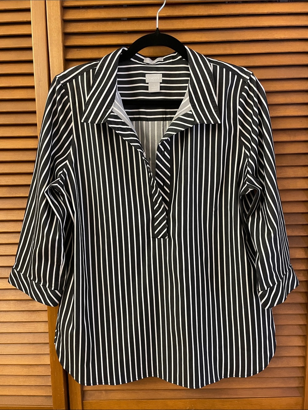 Chico's Black & White Vertical Stripe Collared Popover Shirt